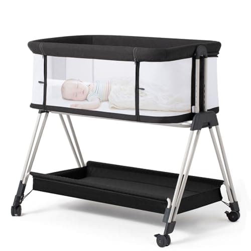 Fodoss Baby Bassinet Bedside Sleeper with Wheels and Storage Tray,4-Sided Mesh Bedside Bassinet for Infant/Newborn,7 Height Adjustable Easy Folding Bedside Crib - Image 1