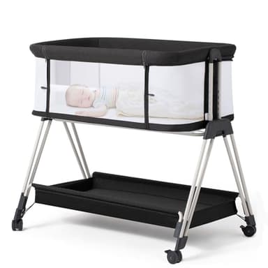 Fodoss Baby Bassinet Bedside Sleeper with Wheels and Storage Tray,4-Sided Mesh Bedside Bassinet for Infant/Newborn,7 Height Adjustable Easy Folding Bedside Crib - Image 1