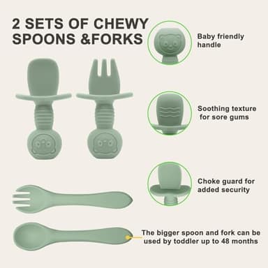 Munlinder Silicone Baby Feeding Set | Baby Led Weaning Supplies Includes Suction Bowls and Divided Plates, Adjustable Bib, Baby Utensils Spoons and Forks,Cup | Baby Feeding Essentials (Light Green) - Image 7