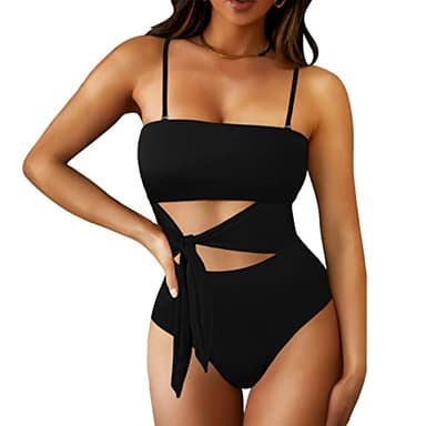 Viottiset Women's Bandeau One Piece Swimsuit Strapless Tie High Cut Out Bathing Suit Black X-Large - Image 3