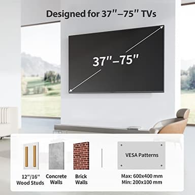 Pipishell Full Motion TV Wall Mount for Most 37-75 inch TVs, Wall Mount Bracket with Dual Articulating Arms, Swivel, Tilt, Max VESA 600x400mm up to 100 lbs, TV Mount Fits 12”/16” Wood Studs, PILF6 - Image 2