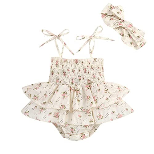 Baby Girls Daisy Playsuits Bodysuit+Headband Print Halter Romper Floral Jumpsuit Infant Summer Clothes (Y-Beige, 0-3 Months) - Image 1