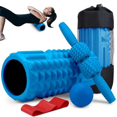 Krightlink 5-in-1 Foam Roller Set, Massage Roller Stick, Massage Ball, Resistance Band for Deep Muscle Massage, Trigger Point Release, Pilates, Yoga (Blue) - Image 1