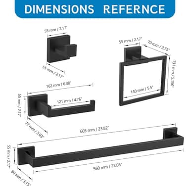 5 Pieces Bathroom Hardware Accessories Set Black Towel Bar Set Towel Holder Racks Set for Bathroom,SUS304 Stainless Steel,Wall Mounted 23.6-Inch - Image 3