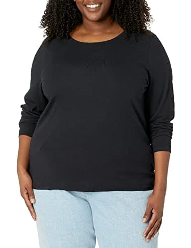 Amazon Essentials Women's Slim-Fit Long Sleeve Rib Knit Crew Neck Top (Available in Plus Size), Pack of 2, Black, Medium - Image 6