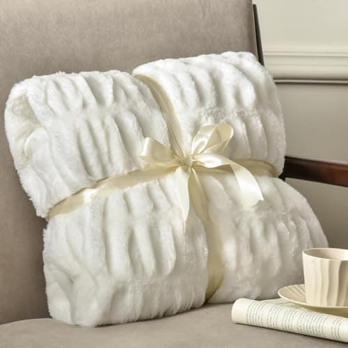PHF Fluffy Ruched Faux Fur Throw Blanket for Couch,Cozy Plush Soft Luxury Warm for Fall Winter,Reversible Furry Thick Lightweight Blanket for Bed Sofa,Aesthetic Room Decor,50 * 60 Inches,White - Image 1