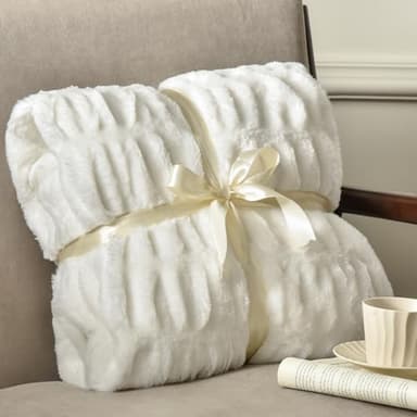 PHF Fluffy Ruched Faux Fur Throw Blanket for Couch,Cozy Plush Soft Luxury Warm for Fall Winter,Reversible Furry Thick Lightweight Blanket for Bed Sofa,Aesthetic Room Decor,50 * 60 Inches,White - Image 1
