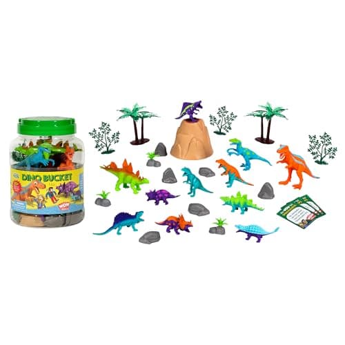 Wow in The World Bucket of Dinosaurs | Kids Play Dinosaurs | Learning Through Play | Includes 25+ Pieces: 11 Dinos, Trees, Rocks, Plants, Volcano, and 3 Wow Dinosaur Fun Fact Cards - Image 1