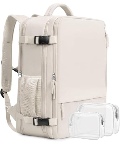 Beraliy Travel Backpack, Large Carry On Backpack, Personal Item Travel Bag, Airline Approved 17 Inch Laptop Backpack, College Weekender Business Hiking Bag, Beige - Image 1