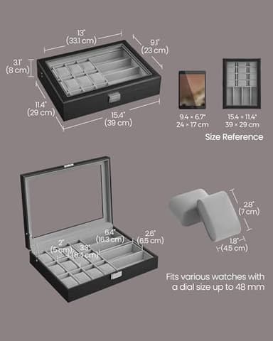 SONGMICS 16-Slot Watch Box, Lockable Storage Case With Glass Lid, Gift Idea, Ink Black Synthetic Leather, Dove Gray Lining UJWB112G01 - Image 5