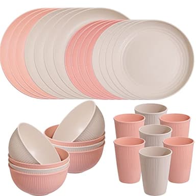 LIYH 32pcs Wheat Straw Dinnerware Sets for 8 Pink Plastic Plates and Bowls Sets,Plastic Plates Reusable,Dishwasher Freezer Safe (Pink Beige) - Image 1