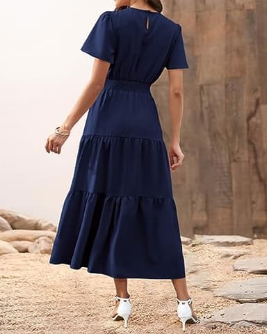 PRETTYGARDEN Women's Summer Casual Short Flutter Sleeve Round Neck Smocked Waist Tiered Boho Floral Flowy Maxi Dress(Solid Navy,Medium) - Image 5