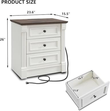 Aitjunz 26" Tall Farmhouse Nightstand Set of 2, 3 Drawers End Table w/Charging Station, 23.6" Wide Large Side Table w/Roman Column, Wood Rustic Sofa Table for Bedroom, White - Image 3