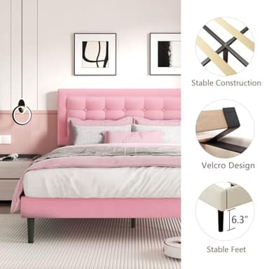 CXVX Queen Size Bed Frame with Headboard, Platform Bed Frame with Velvet Upholstered Button Tufted Headboard, Wood Slats Support, No Box Spring Needed, Mattress Foundation, Easy Assembly, Pink - Image 6