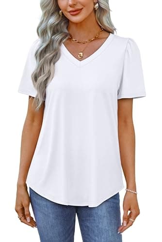 OFEEFAN Womens T Shirts Summer V Neck Short Sleeve Plain Tops Dressy Casual White XL - Image 4