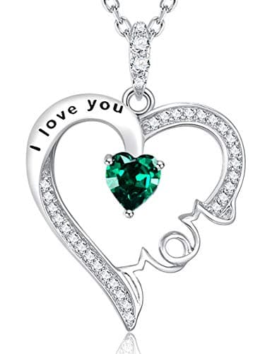 May Birthstone Emerald Jewelry Birthday Gifts for Mom I Love You Mom Sterling Silver Love Heart Pendant Necklace - Image 1
