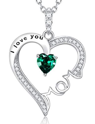 May Birthstone Emerald Jewelry Birthday Gifts for Mom I Love You Mom Sterling Silver Love Heart Pendant Necklace - Image 1
