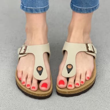 CUSHIONAIRE Leah Thong Womens Sandals - Cork Footbed Flip Flops for Women 2025 with Memory Foam and Adjustable Buckle Strap, STONE 7 - Image 5