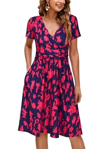 OUGES Women's 2025 Summer Short Sleeve V Neck Floral Midi Dress with Pockets Maternity Nursing Dresses Clothes (Navy Rose Floral,M) - Image 1