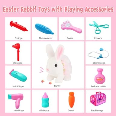Easter Realistic Bunny Toys - 14-Piece Rabbit Toys with 6" Plush Bunny, Sounds, Hopping and Walking Action, Wiggling Ears, Twitching Nose & Rabbit Cage - Ideal Gift for Girls, Toddlers, Easter - Image 3