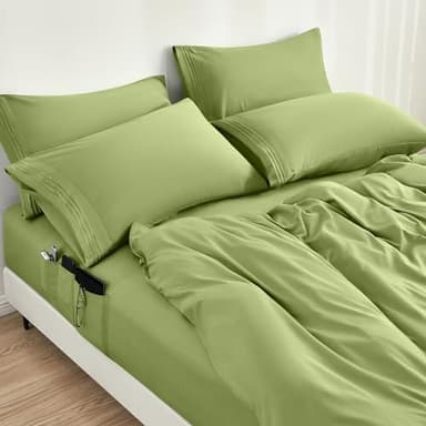 BYSURE 6 Pieces Bed Sheets Set with Pockets on Side(King, Sage Green), Sweat-Wicking Breathable Sheets, 16-inch Super Soft Hotel Embroidered Microfiber Sheet Set - Image 2