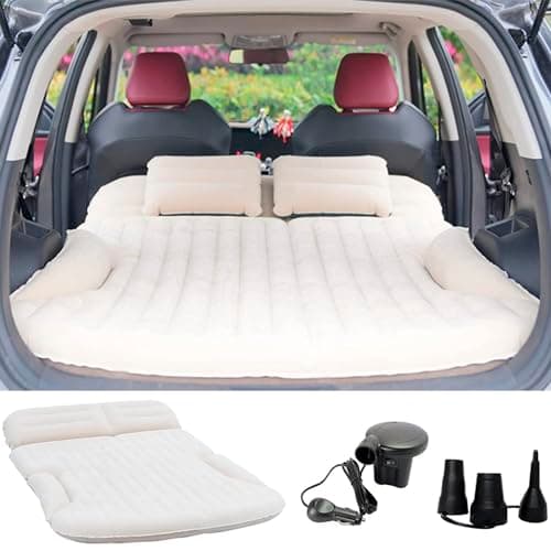 KMZ SUV Air Mattress Thickened and Double-Sided Flocking Travel Camping Bed with 2 Pillows & Electric Pump Dedicated Mobile Cushion Inflatable Bed for SUV Trunk and Rear Seat (Beige and Coffee) - Image 1