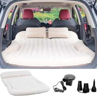 KMZ SUV Air Mattress Thickened and Double-Sided Flocking Travel Camping Bed with 2 Pillows & Electric Pump Dedicated Mobile Cushion Inflatable Bed for SUV Trunk and Rear Seat (Beige and Coffee) - Image 1