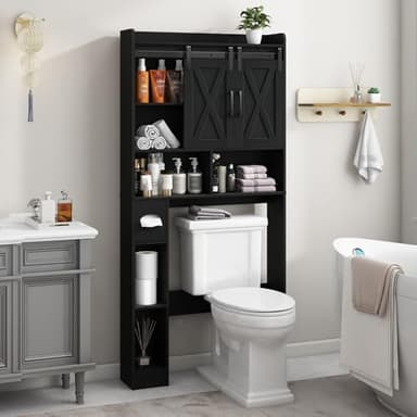 Over The Toilet Storage Cabinet, Farmhouse Storage Cabinet Over Toilet with Sliding Doors & Toilet Paper Holder Stand，Home Space-Saving Toilet Rack, for Bathroom, Laundry and Restroom.Black - Image 5