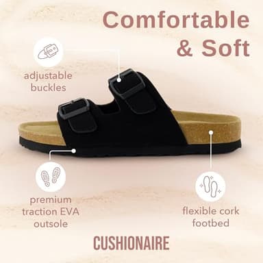 CUSHIONAIRE Lane Cork Footbed Sandals for Women – Comfortable Double Buckle Slip-On with Genuine Suede Footbed & Arch Support Slides for Women Footwear, BLACK 11W - Image 4