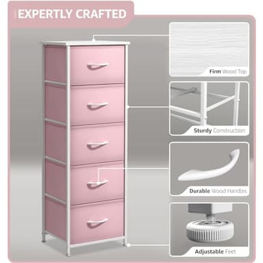 Sorbus Fabric Dresser for Kids Bedroom - Chest of 5 Drawers, Tall Storage Tower, Clothing Organizer, for Closet, for Playroom, for Nursery, Steel Frame, Fabric Bins - Wood Handle (Pink) - Image 4