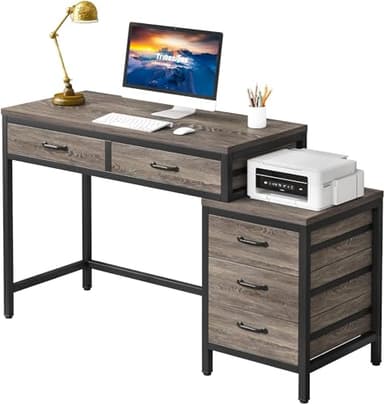 Tribesigns Computer Desk with 5 Drawers, Home Office Desks with Reversible Drawer Cabinet Printer Stand, Industrial PC Desk with Storage, Grey Study Writing Table Workstation for Small Spaces - Image 1