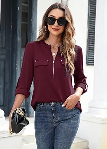 Bulotus Women's 3/4 Sleeve Tops Zip Front Casual Shirt Fall Top for Leggings Blouses for Women Business Casual, Burgundy, X-Large - Image 3