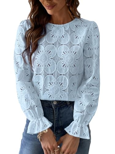 CUPSHE Women Eyelet Long Sleeve Tops Shirts Dressy Hollow Out Crochet Lace Embroidered Blouses 2025 Fashion Top Blue L - Image 1