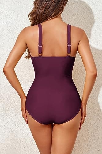 Smismivo Tummy Control Swimsuits for Women Slimming One Piece Bathing Suit Modest Padded Ruched Push Up Long Torso Curvy Shapewear V Neck Criss Cross Swimming Full Coverage Swimwear (Merlot) - Image 2