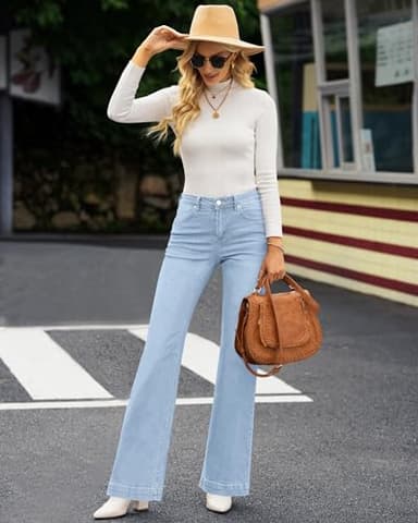 GRAPENT 70s Clothes for Women's Baggy Jeans Women's High Waisted Wide Leg Pants Womens High Waisted Jeans for Women Stretch Bootcut Western Womens Size 10 Color Ice Blue Size 8 10 - Image 4
