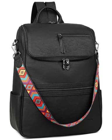 FADEON Laptop Backpack for Women Leather Travel Backpack with Laptop Compartment, Designer PU Shoulder Laptop Bag Black - Image 1