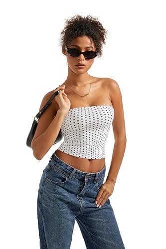 SUUKSESS Women Sexy Tube Top Summer Y2K Going Out Tops Casual Sleeveless Double Lined Basic Tank Top (White Polka Dots, S) - Image 4