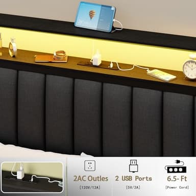 Furnulem Full Size Bed Frame with Charging Station and LED Lights, Grey Upholstered Headboard with Shelves, Metal Platform Bed with 2 Under-Bed Storage (Fabric Drawer on Wheels), No Box Spring Needed - Image 7