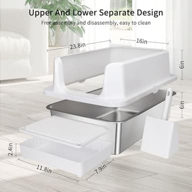 RIZZARI Large Stainless Steel Cat Litter Box: Open Top Leak-Proof Large Cat Pan - Odor Control for Indoor Multi-Cat Homes (Pearl) - Image 2