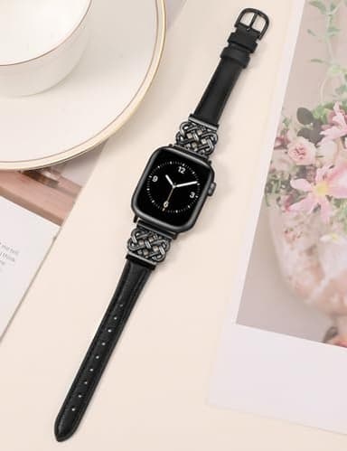 TOYOUTHS Compatible with Apple Watch Bands Women 38/40/41/42mm Dressy Slim Leather Strap with Designer Celtic Knot Interlock Buckle Bracelet for iWatch Series 11 10 9 8 7 6 5 4 SE 3 2 1, Black - Image 2