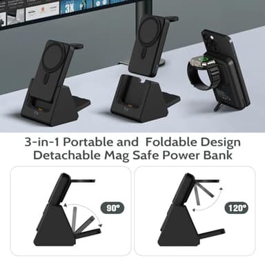 Mag-Safe Charger Wireless Charging Station: 3 in 1 10000mAh Portable Power Bank Compatible for iPhone 16/15/14/13/12 Series and Apple Watch - Magnetic Charging Stand Black - Image 4