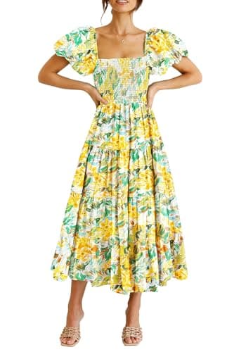 PRETTYGARDEN Women's Casual Summer Midi Dress Puffy Short Sleeve Square Neck Smocked Tiered Ruffle Dresses (Floral Yellow,Large) - Image 1