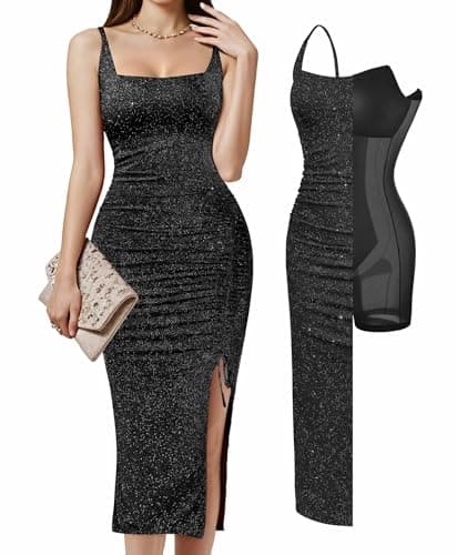 Popilush Sparkly Cocktail Dresses for Women Shapewear Formal Wedding Guest Dress Fall Square Neck Ruched Midi Dress Side Slit Black - Image 1