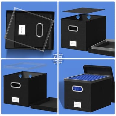 GRSQYS File Organizer Box File Boxes for Hanging Files with Lid Set of 3 Decorative Hanging Folders Letter Size Organizer with One-Piece Plastic Frame Slides (13.2 * 10.1 * 10.1in(3Pack), Black) - Image 6