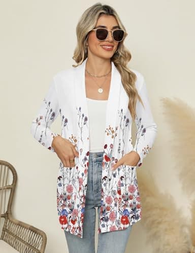 Micoson Women's Casual Lightweight Thin Long Sleeves Cardigans Soft Drape Open Front Fall Dusters Floral White Pink L - Image 4