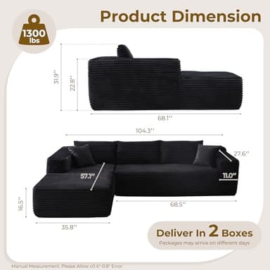 104" L-Shape Modular Sectional Sofa Couch - Comfy Upholstered Cloud Couch for Living Room - Modern Minimalist Couches,Deep Seat,No Assembly Required (Black,Plush Corduroy, Left Facing Chaise) - Image 2