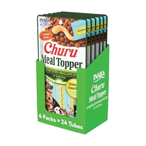 INABA Churu Meal Topper for Dogs, Complete & Balance, Creamy, Lickable Purée Dog Food Topper, 0.5 Ounce Tube, 24 Tubes (4 per Pack), Chicken with Cheese Recipe - Image 1