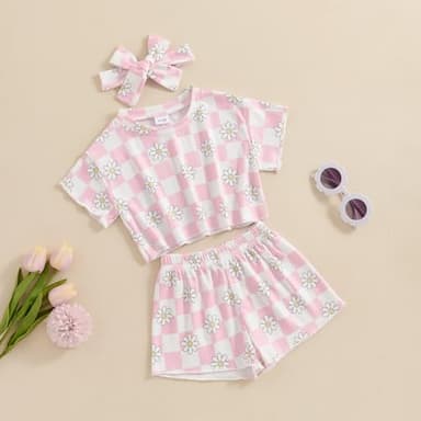 Toddler Girl Clothes Baby Girls Outfits Summer Floral Checkerboard Print Shirt+Shorts+Headband 3pcs Baby Clothing (Pink, 6-12 Months) - Image 3