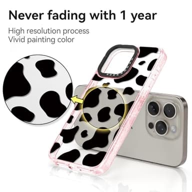 Rosarnnah Compatible for iPhone 15 Pro Max Case Cute - Durable Shockproof 6.6 ft Drop Impact Phone Case - Funny Milk Cow Print Design for iPhone 15 Pro Max 6.7" Glitter Pink - Image 5