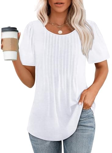 White Shirts for Women Loose Fitting Spring Tops for Teachers Short Puff Sleeve Summer T Shirts Beach Vacation Clothes for Women Fashion Clothing L - Image 1